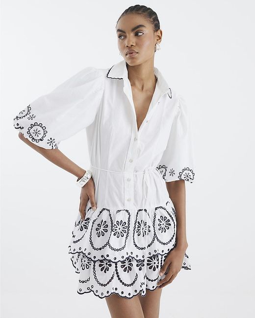 River Island White Mini Shirt Dress Short Sleeve Cutwork Cotton