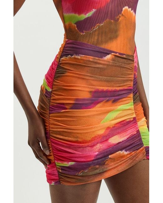 Karen Millen Red Marbled Printed Mesh Jersey High Neck Mini Dress