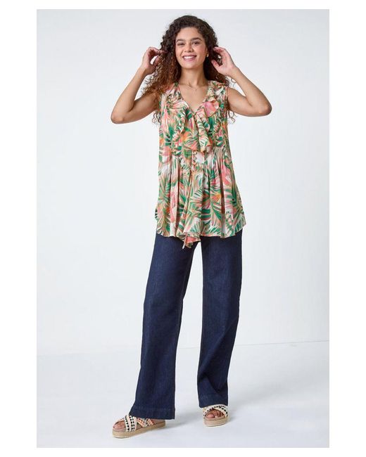 Roman White Leaf Print Frill Pintuck Detail Top