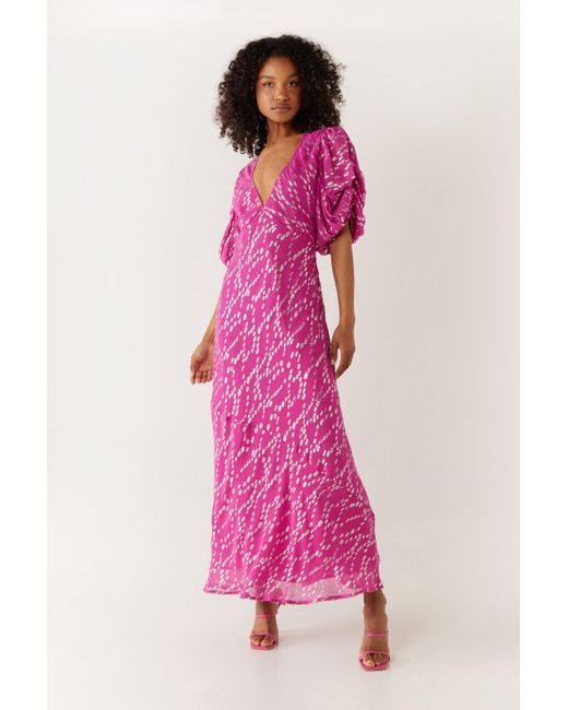 Warehouse Pink Sparkle Floral V Neck Puff Sleeve Midi Dress