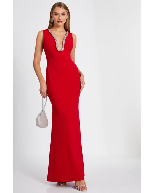 Quiz Red Diamante Trim Fishtail Maxi Dress