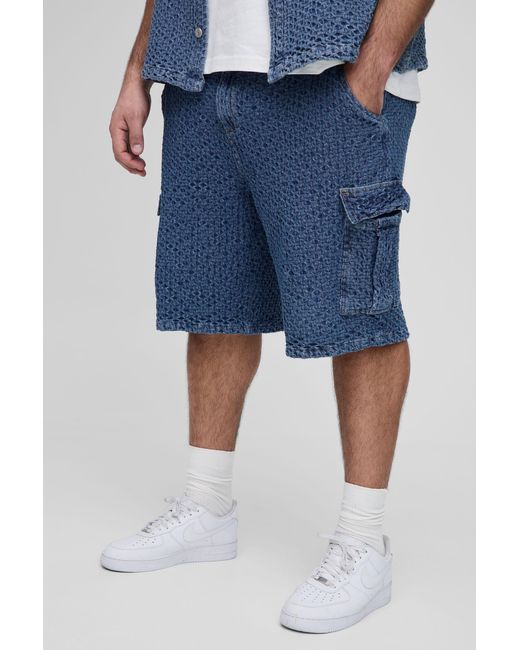 BoohooMAN Blue Plus Textured Denim Relaxed Fit Cargo Shorts for men