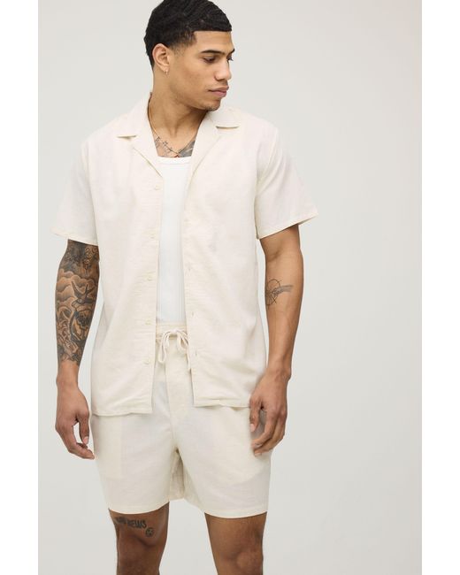 BoohooMAN Natural Holiday Linen Blend Regular Shirt & Relaxed Short Set for men