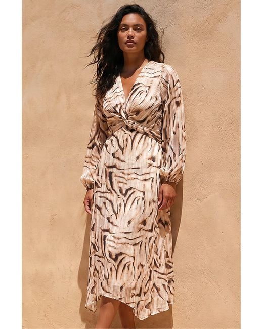 Roman Natural Zebra Print Twist Front Midi Dress
