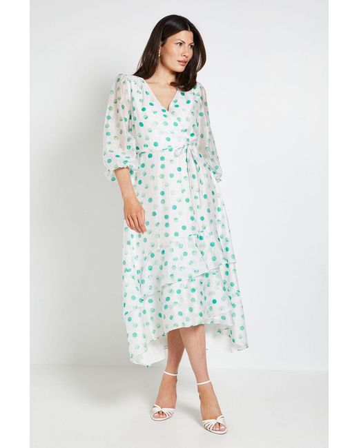 Wallis Green Polka Dot Ruffle Wrap Midi Dress