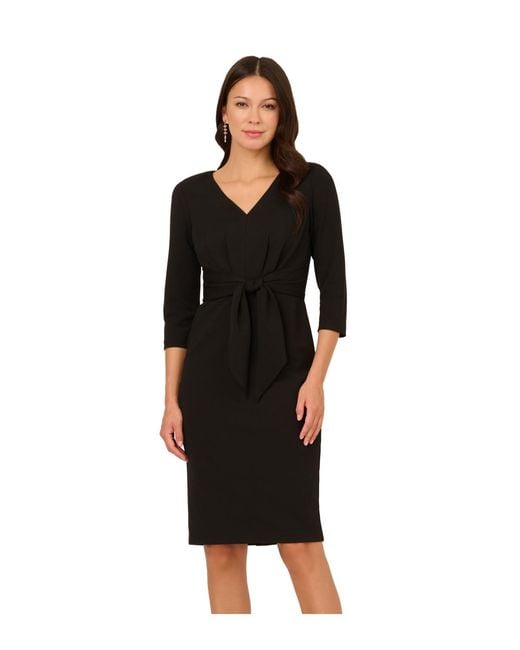 Adrianna Papell Black Tie V Neck Knit Crepe Dress