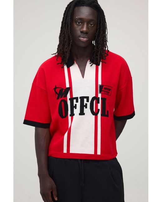 BoohooMAN Red Oversized Boxy Moto Jacquard Knitted Polo for men
