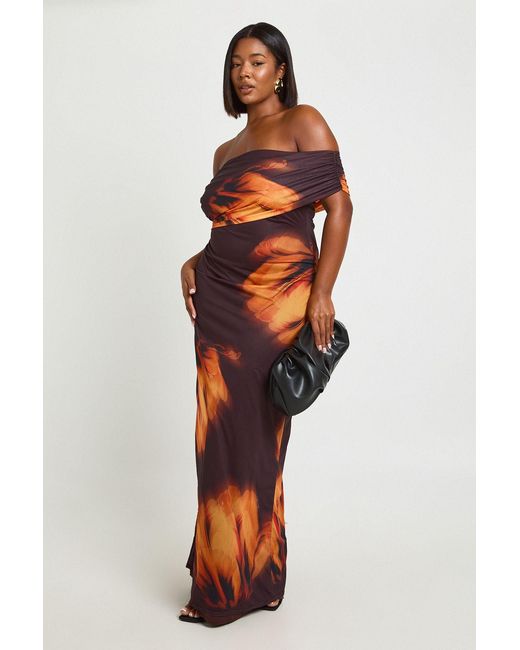 Boohoo Red Plus Asymmetric Floral Mesh Maxi Dress