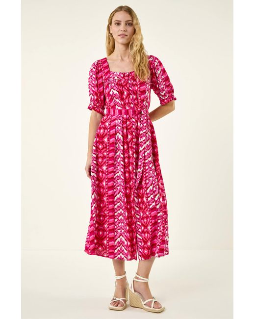 Roman Pink Abstract Print Belted Dress