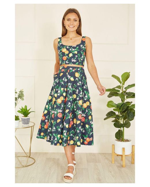 Yumi' Blue Organic Cotton Citrus Print Midi Skirt