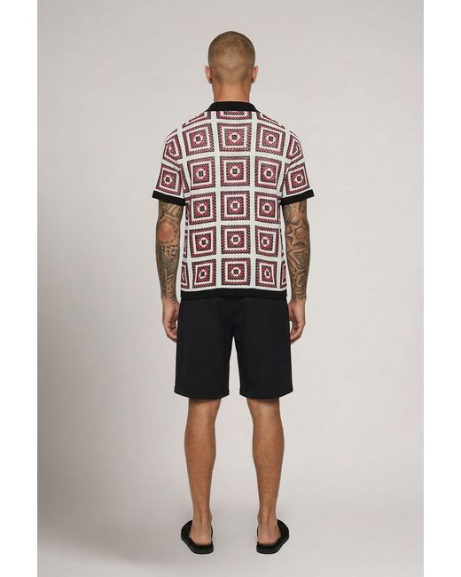 BoohooMAN Red Relaxed Crochet Patch Tapestry Knitted Shirt for men