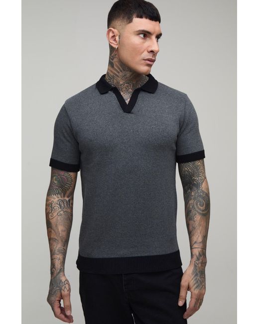 BoohooMAN Gray Tall Regular Fit Revere Cotton Blend Knitted Polo for men