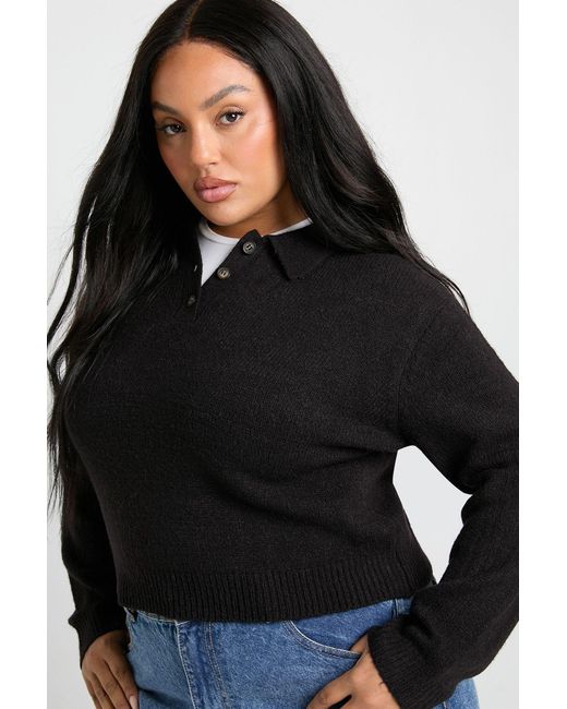 Boohoo Black Plus Collar Detail Long Sleeve Top