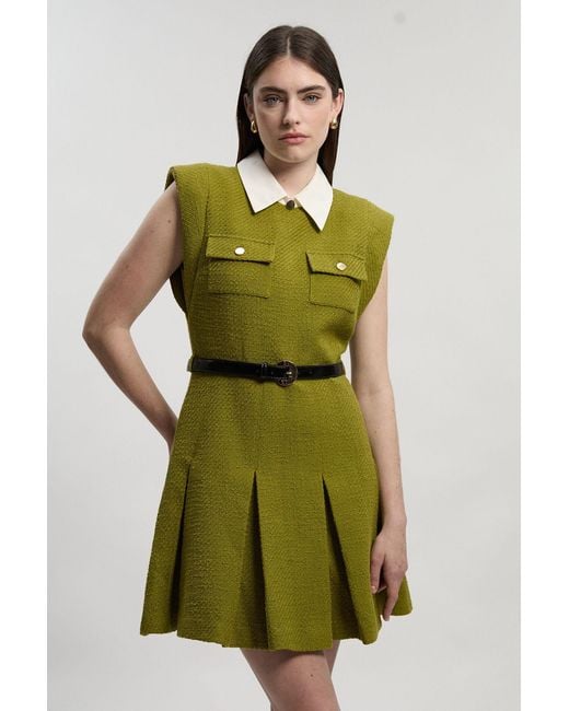 Karen Millen Green Textured Tweed Contrast Collar Pleated Tailored Mini Dress