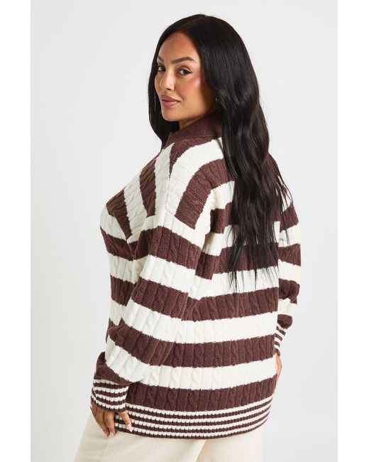 Boohoo White Plus V Neck Collared Stripe Jumper