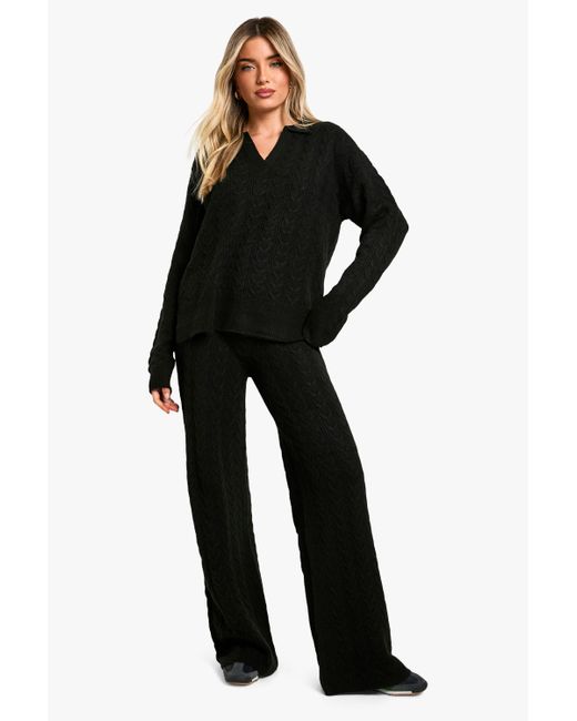 Boohoo Black Soft Cable Knit Polo Collar Jumper And Wide Leg Trouser Co-Ord