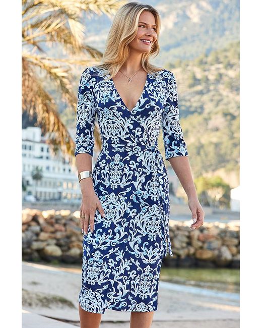 Sosandar Blue Baroque Print Faux Wrap Dress