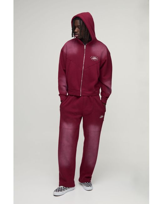 BoohooMAN Red Oversized Boxy Western Washed Applique Stud Detail Hooded Tracksuit for men