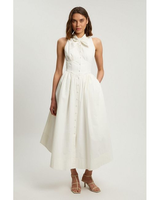 Karen Millen White Petite Cotton Poplin Tie Neck Midi Dress