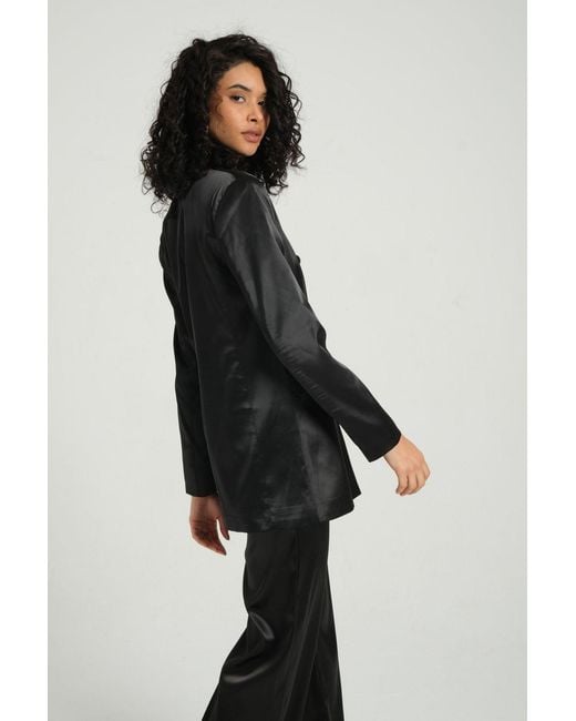 Hiccup Black 2 Pieces: Collar Satin Buttoned Oversized Blazer & High Waist Wide Leg Trousers