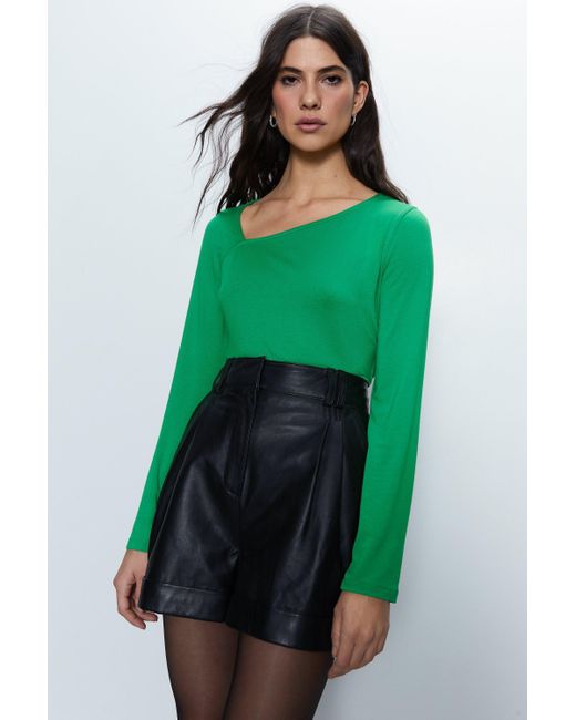 Warehouse Green Asymmetric Neck Long Sleeve Top