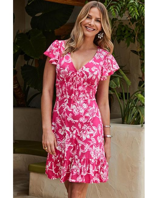 Sosandar Pink Floral Print Fluted Hem Dress