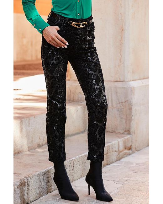 Sosandar Black Textured Animal Print Coated Slim Leg Jeans Cotton