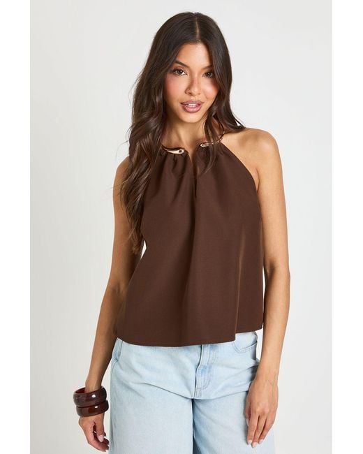 Boohoo Brown Trim Crepe Halterneck Top
