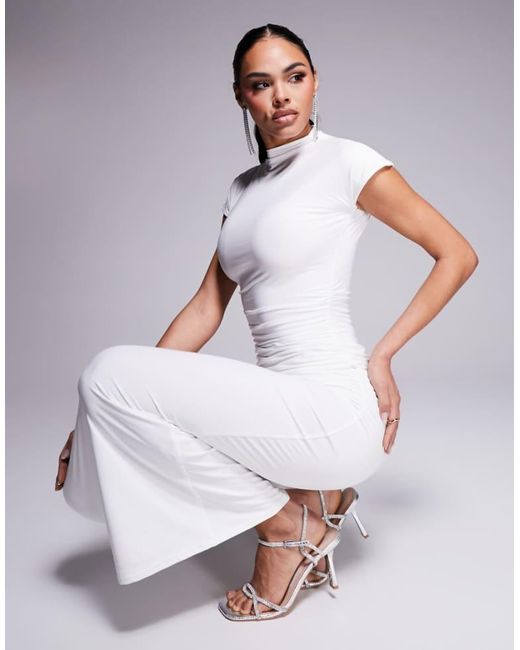 Kaiia White Exclusive Double Layered Slinky High Neck Cap Sleeve Bodycon Maxi Dress