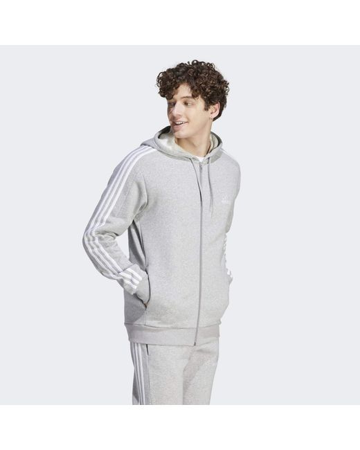 Adidas Gray Essentials Fleece 3-Stripes Full-Zip Hoodie for men