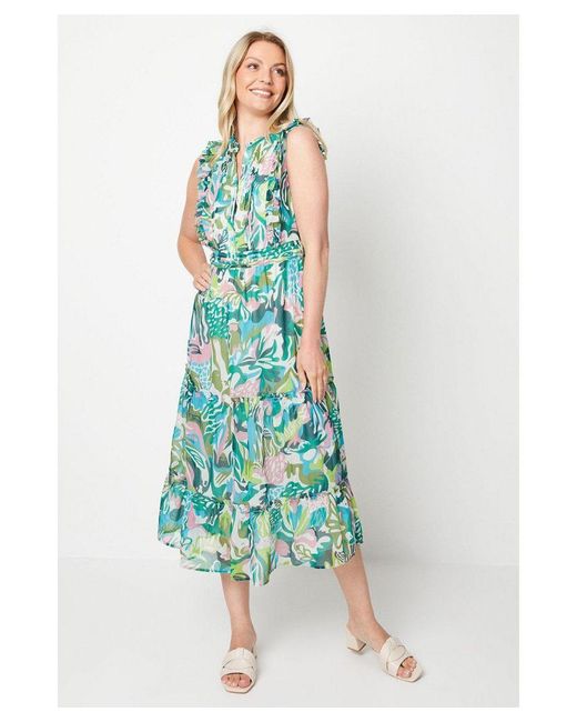 Wallis Blue Watercolour Chiffon Pleat Button Detail Tier Midi Dress