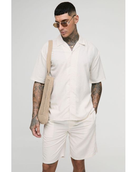 BoohooMAN Natural Tall Oversized Linen Look Shirt & Short Set for men