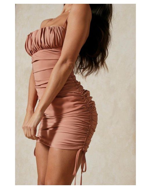 MissPap Brown Satin Ruched Side Strappy Dress