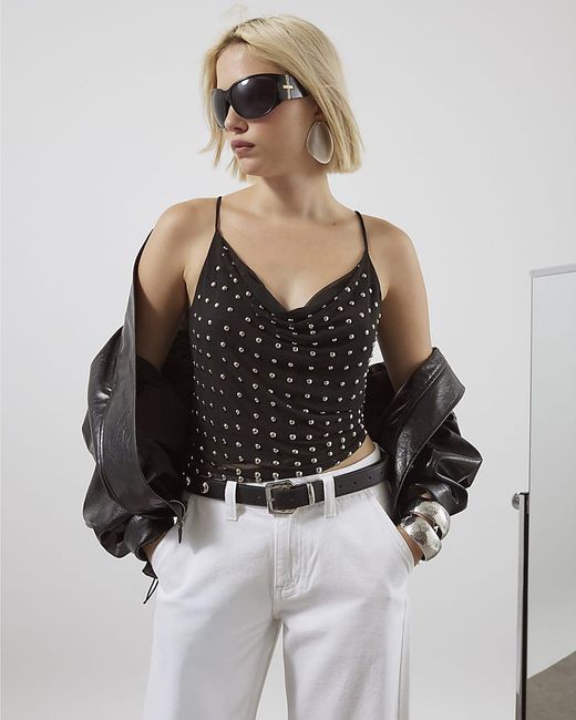 River Island Black Cami Top Sleeveless Studded Cowl Neck