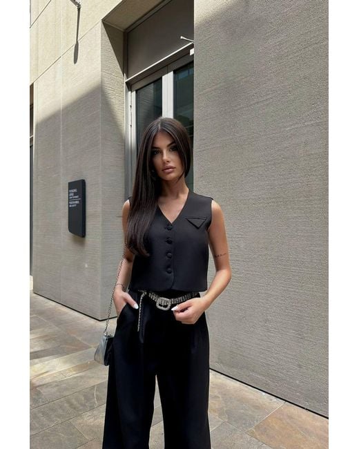 Hiccup Gray 2 Pieces: V Neck Pocket Buttoned Waistcoat & High Waist Wide Leg Trousers