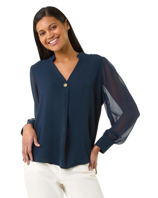Roman Blue Chiffon Sleeve V-Neck Pleated Top