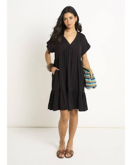 Gini London Black V Neck Tiered Mini Smock Dress