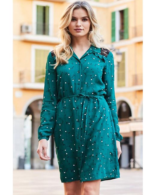 Sosandar Blue Forest Ditsy Floral & Lace Shirt Dress