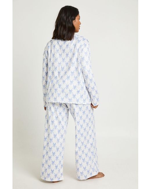 Boohoo White Plus Bow Print Long Sleeve Shirt And Trousers Pyjama Set