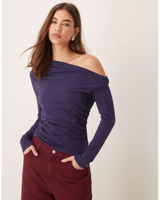 Abercrombie & Fitch Blue Asymmetric Off The Shoulder Long Sleeve Top