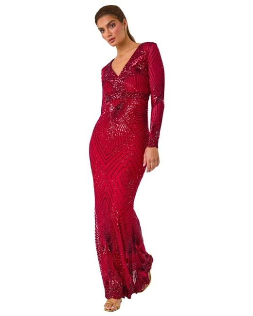 Ariella Red Starburst Sequin Stretch Bodycon Maxi Dress