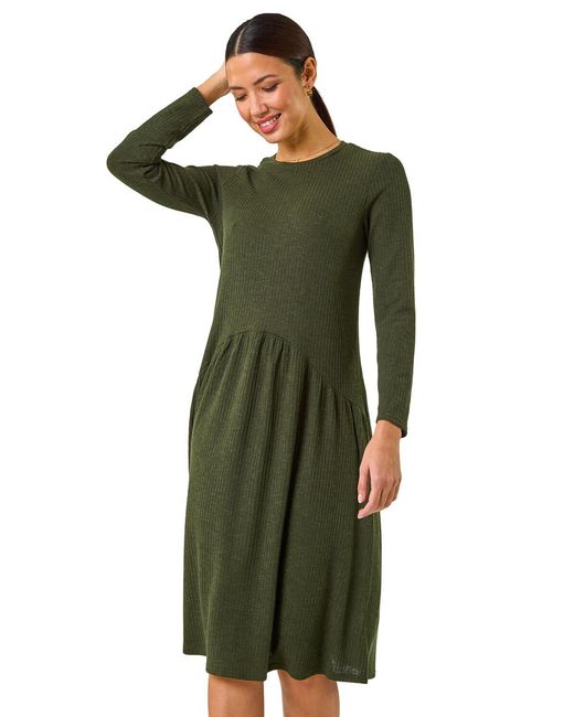 Roman Green Ribbed Drop Waist Stretch Midi Dress