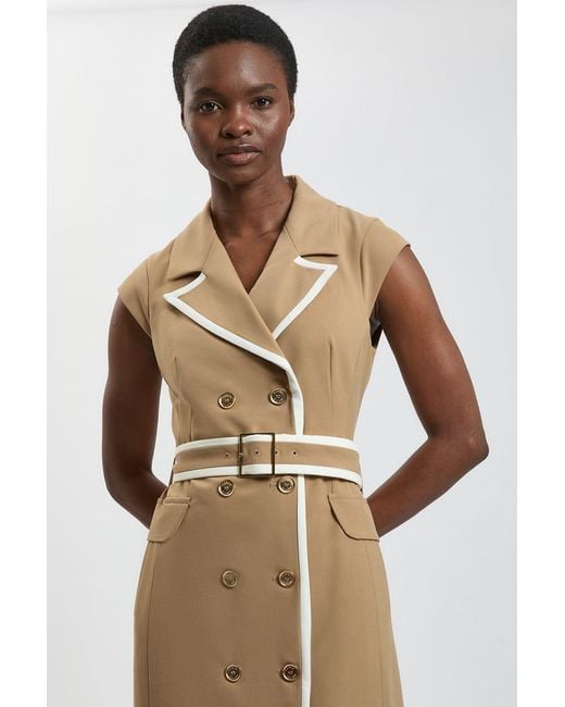 Karen Millen Natural Double Breasted Belted Tipped Tailored Midi Dress