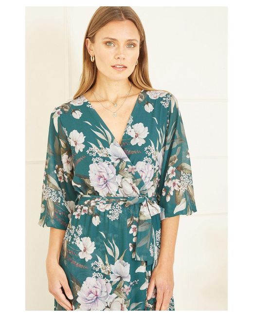 Yumi' Blue Teal Floral Wrap Midi Dress With Frill