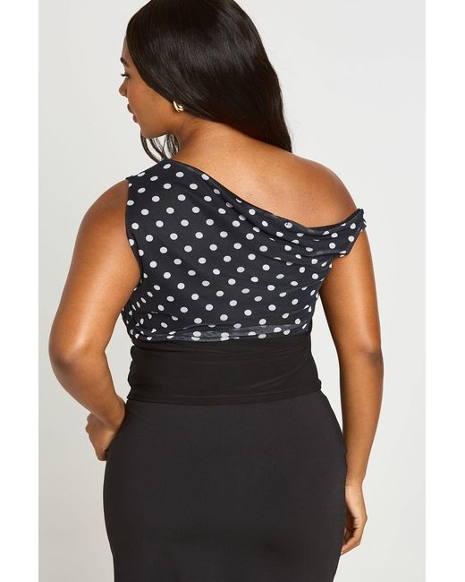 Boohoo Black Plus Mesh Off Shoulder Deep Waistband Polka Dot Top