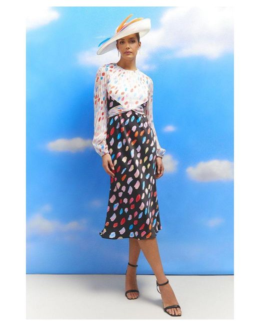 Coast Blue Lisa Tan Mixed Print Chiffon Top Satin Skirt Midi Dress