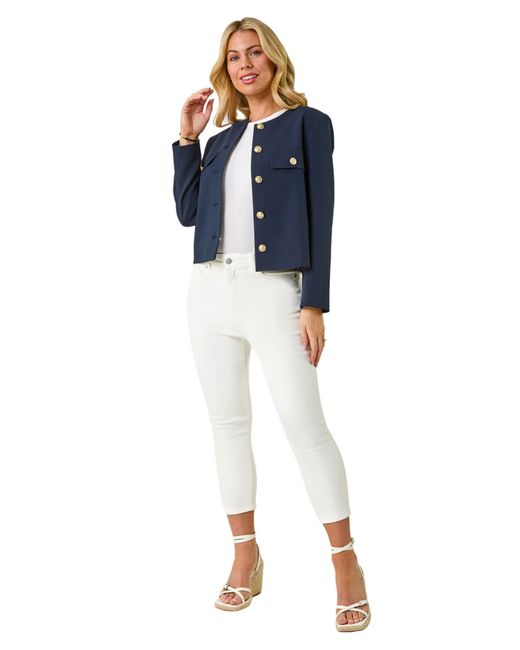 Roman Blue Petite Collarless Button Up Jacket