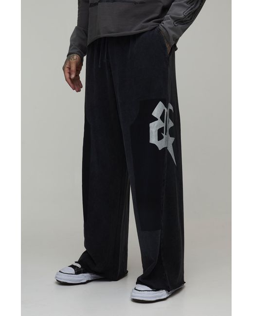 BoohooMAN Black Tall Extreme Wide Leg Embellished Washed Loopback Jogger for men