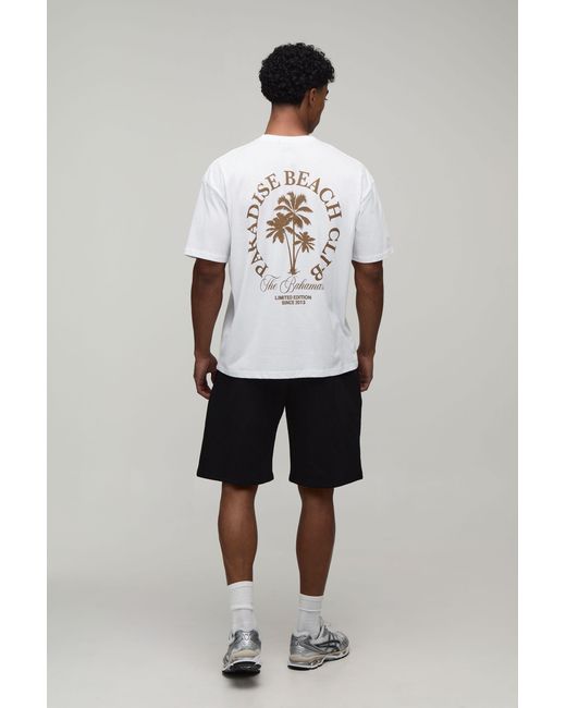 BoohooMAN White Oversized Paradise Beach Club Palm Tree T-Shirt & Short Set for men