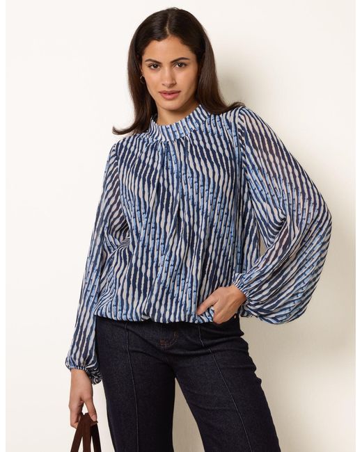 Blue Vanilla Blue Printed High Neck Puffball Blouse